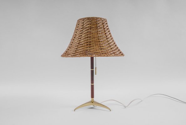 Mid-Century Modern Table Lamp in Brass, Wicker and Teak, Austria, 1950s-KQB-1720667