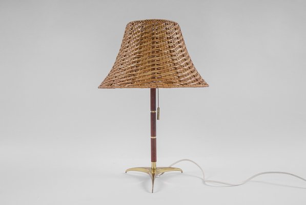 Mid-Century Modern Table Lamp in Brass, Wicker and Teak, Austria, 1950s-KQB-1720667