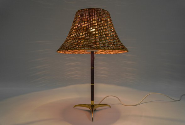 Mid-Century Modern Table Lamp in Brass, Wicker and Teak, Austria, 1950s-KQB-1720667