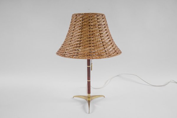 Mid-Century Modern Table Lamp in Brass, Wicker and Teak, Austria, 1950s-KQB-1720667