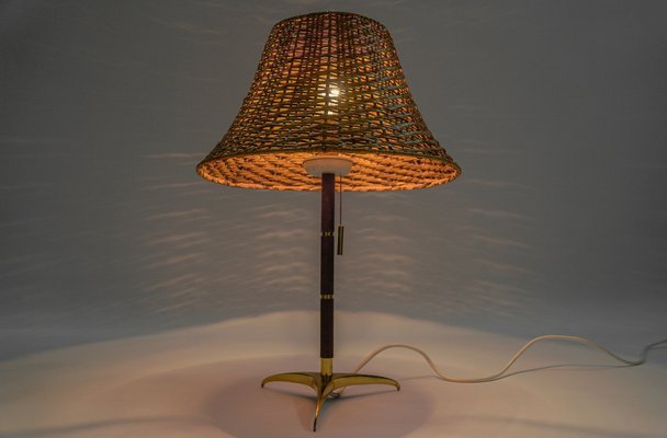 Mid-Century Modern Table Lamp in Brass, Wicker and Teak, Austria, 1950s-KQB-1720667