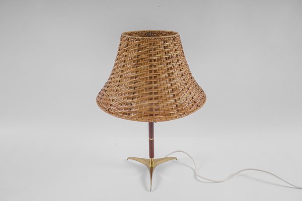 Mid-Century Modern Table Lamp in Brass, Wicker and Teak, Austria, 1950s-KQB-1720667