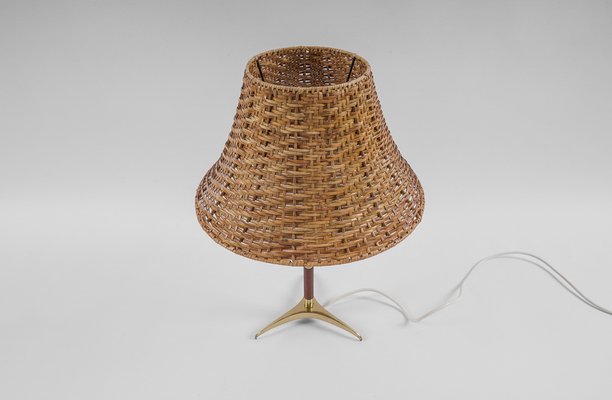 Mid-Century Modern Table Lamp in Brass, Wicker and Teak, Austria, 1950s-KQB-1720667