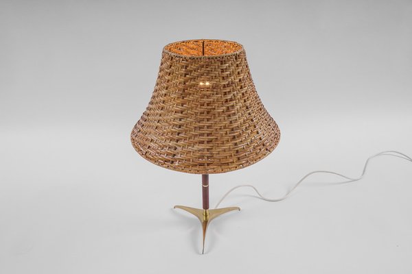 Mid-Century Modern Table Lamp in Brass, Wicker and Teak, Austria, 1950s-KQB-1720667