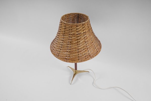 Mid-Century Modern Table Lamp in Brass, Wicker and Teak, Austria, 1950s-KQB-1720667