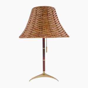 Mid-Century Modern Table Lamp in Brass, Wicker and Teak, Austria, 1950s-KQB-1720667