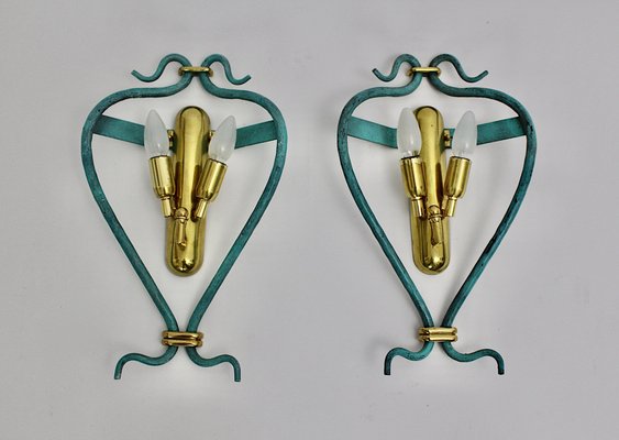 Mid-Century Modern Vintage Brass Teal Italian Sconces 1960s, Set of 2-NB-1189200