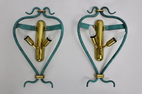 Mid-Century Modern Vintage Brass Teal Italian Sconces 1960s, Set of 2-NB-1189200