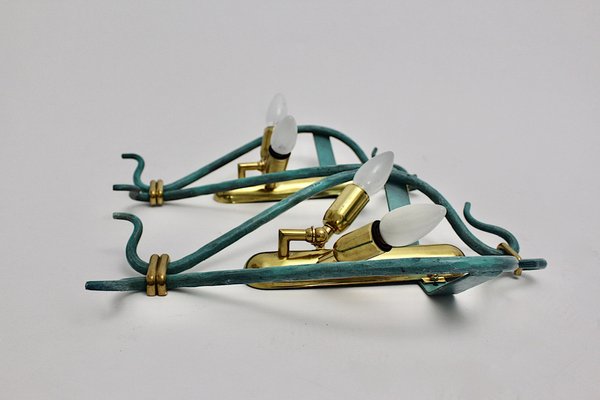 Mid-Century Modern Vintage Brass Teal Italian Sconces 1960s, Set of 2-NB-1189200