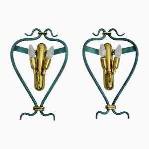 Mid-Century Modern Vintage Brass Teal Italian Sconces 1960s, Set of 2-NB-1189200