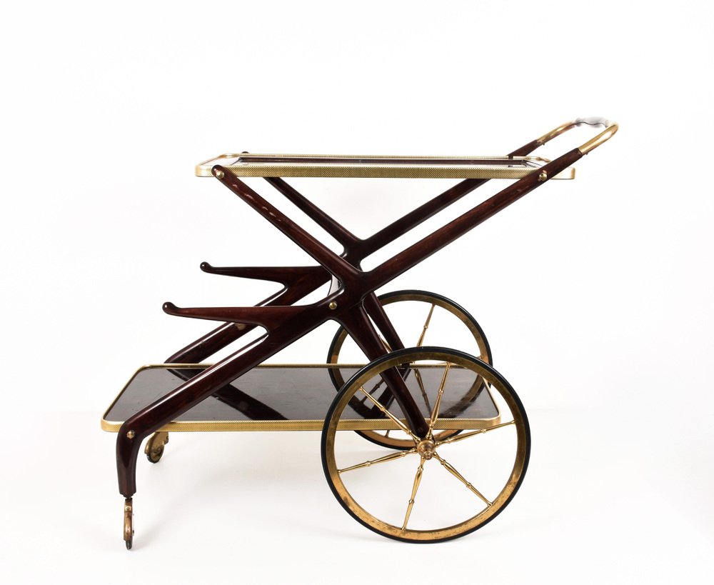 Mid-Century Modern Wood and Brass Italian Bar Cart by Cesare Lacca, Italy, 1950s