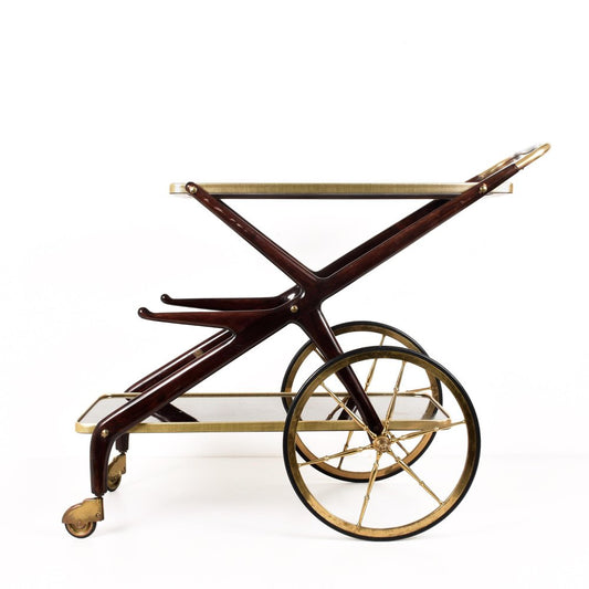 Mid-Century Modern Wood and Brass Italian Bar Cart by Cesare Lacca, Italy, 1950s