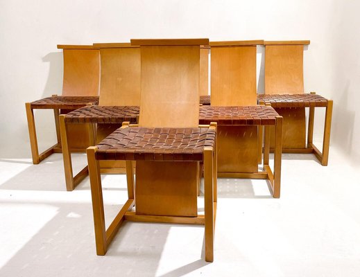 Mid-Century Modern Wood and Leather Chairs, Italy, 1950s, Set of 6-FGA-1421051