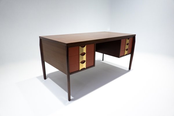 Mid-Century Modern Wooden Desk with 6 Drawers, Italy, 1960s-FGA-1143103