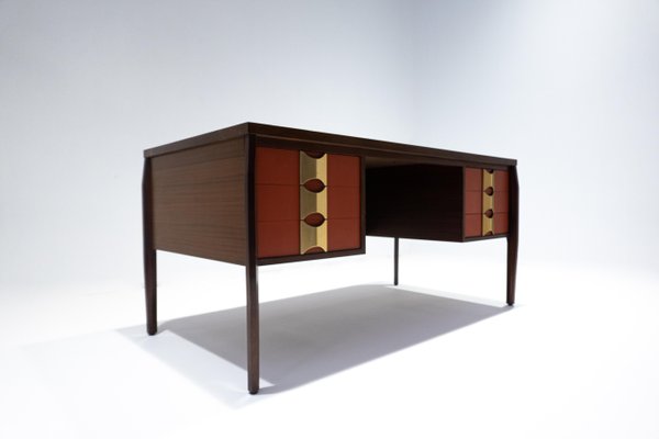 Mid-Century Modern Wooden Desk with 6 Drawers, Italy, 1960s-FGA-1143103