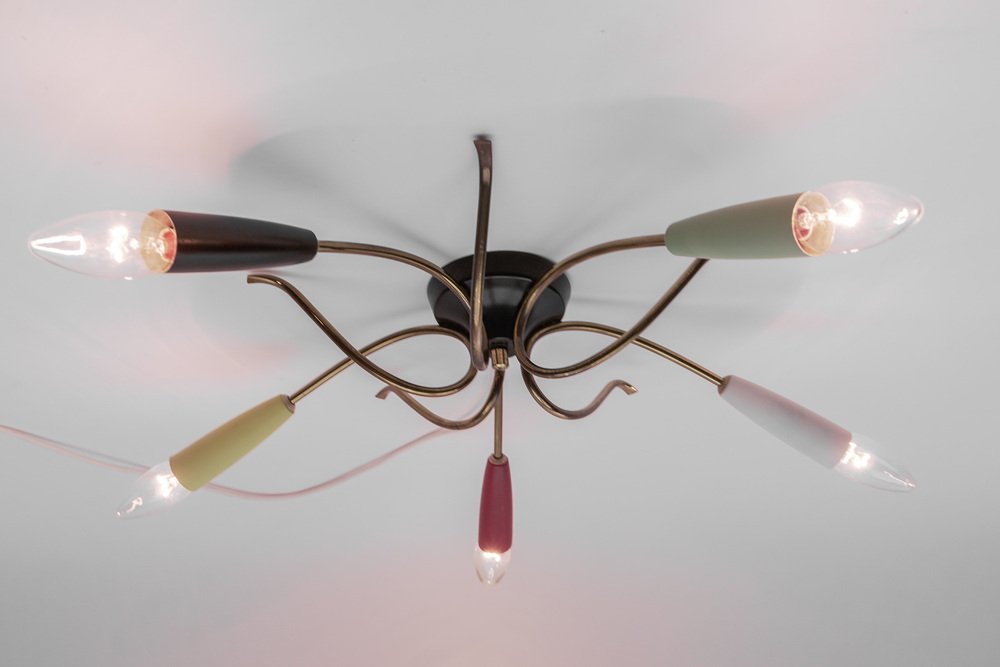 Mid-Century Multi Color & Brass Sputnik Flush Mount, 1950s