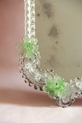 Mid-Century Murano Glass Euforbia Mirror with Green Flowers, Italy, 1950s-HUY-925892