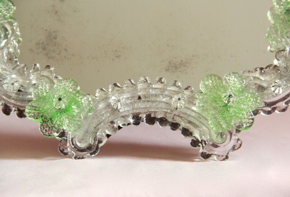 Mid-Century Murano Glass Euforbia Mirror with Green Flowers, Italy, 1950s-HUY-925892