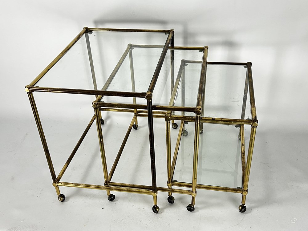 Mid-Century Nesting Set of Three Bar Carts in Brass and Glass, Italy, 1950s, Set of 3