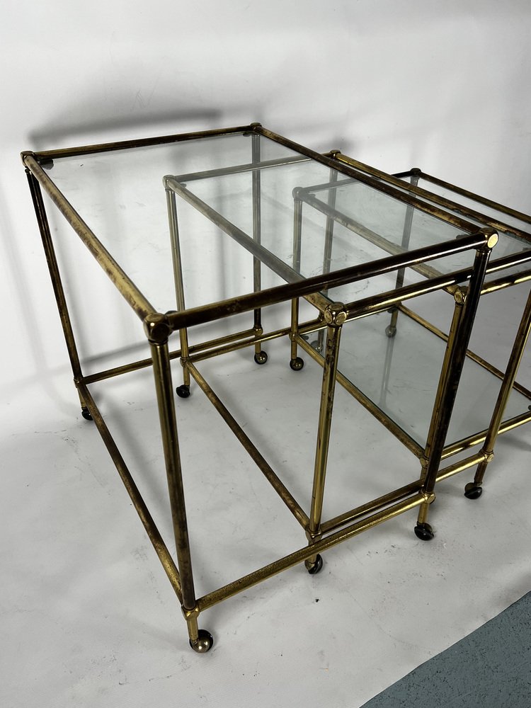 Mid-Century Nesting Set of Three Bar Carts in Brass and Glass, Italy, 1950s, Set of 3