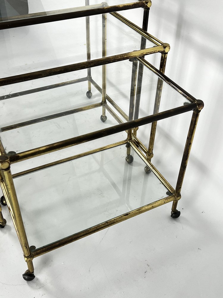 Mid-Century Nesting Set of Three Bar Carts in Brass and Glass, Italy, 1950s, Set of 3