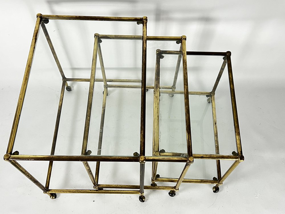 Mid-Century Nesting Set of Three Bar Carts in Brass and Glass, Italy, 1950s, Set of 3