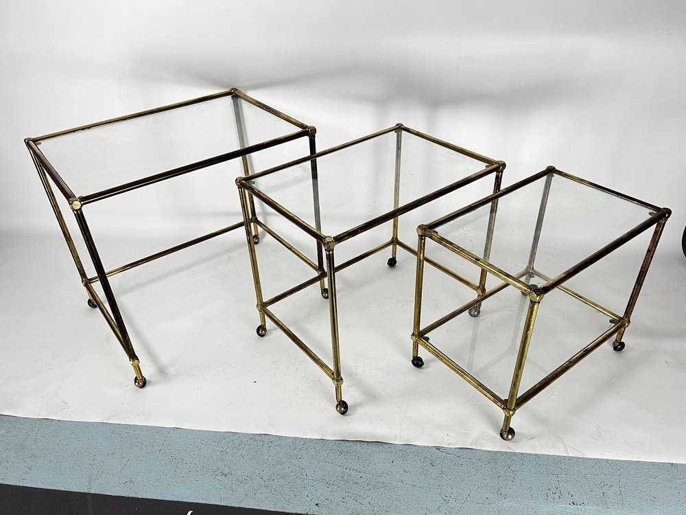 Mid-Century Nesting Set of Three Bar Carts in Brass and Glass, Italy, 1950s, Set of 3