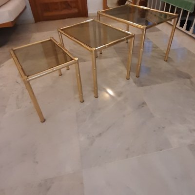 Mid-Century Nesting Tables in Faux Bamboo, Gilt Metal & Smoked Glass, Set of 3-TCS-1304909