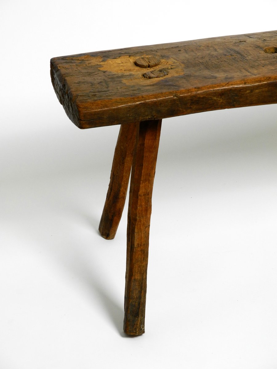 Mid-Century Oblong Four-Legged Solid Oak Stool With Patina, 1940s