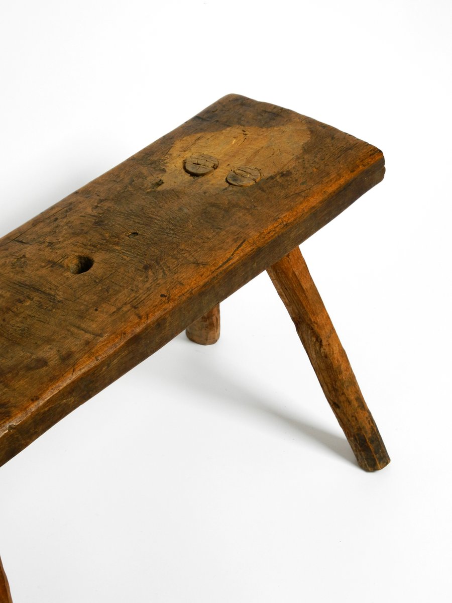 Mid-Century Oblong Four-Legged Solid Oak Stool With Patina, 1940s