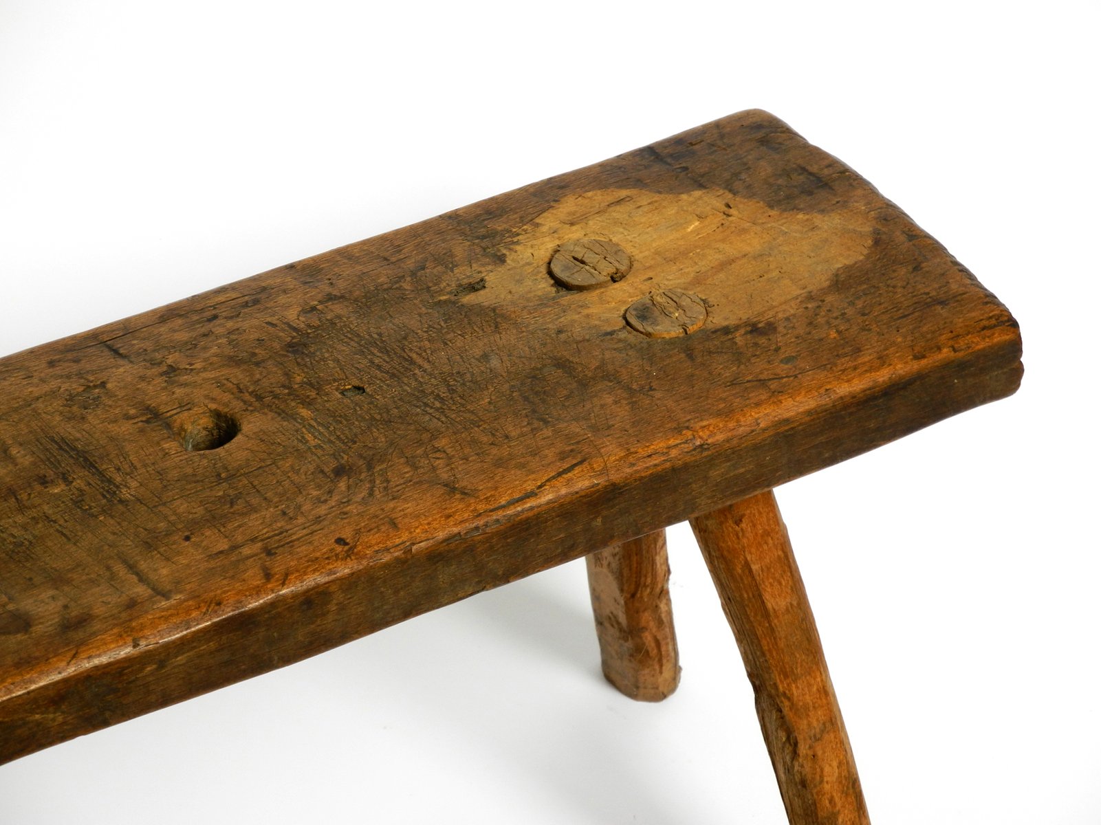 Mid-Century Oblong Four-Legged Solid Oak Stool With Patina, 1940s