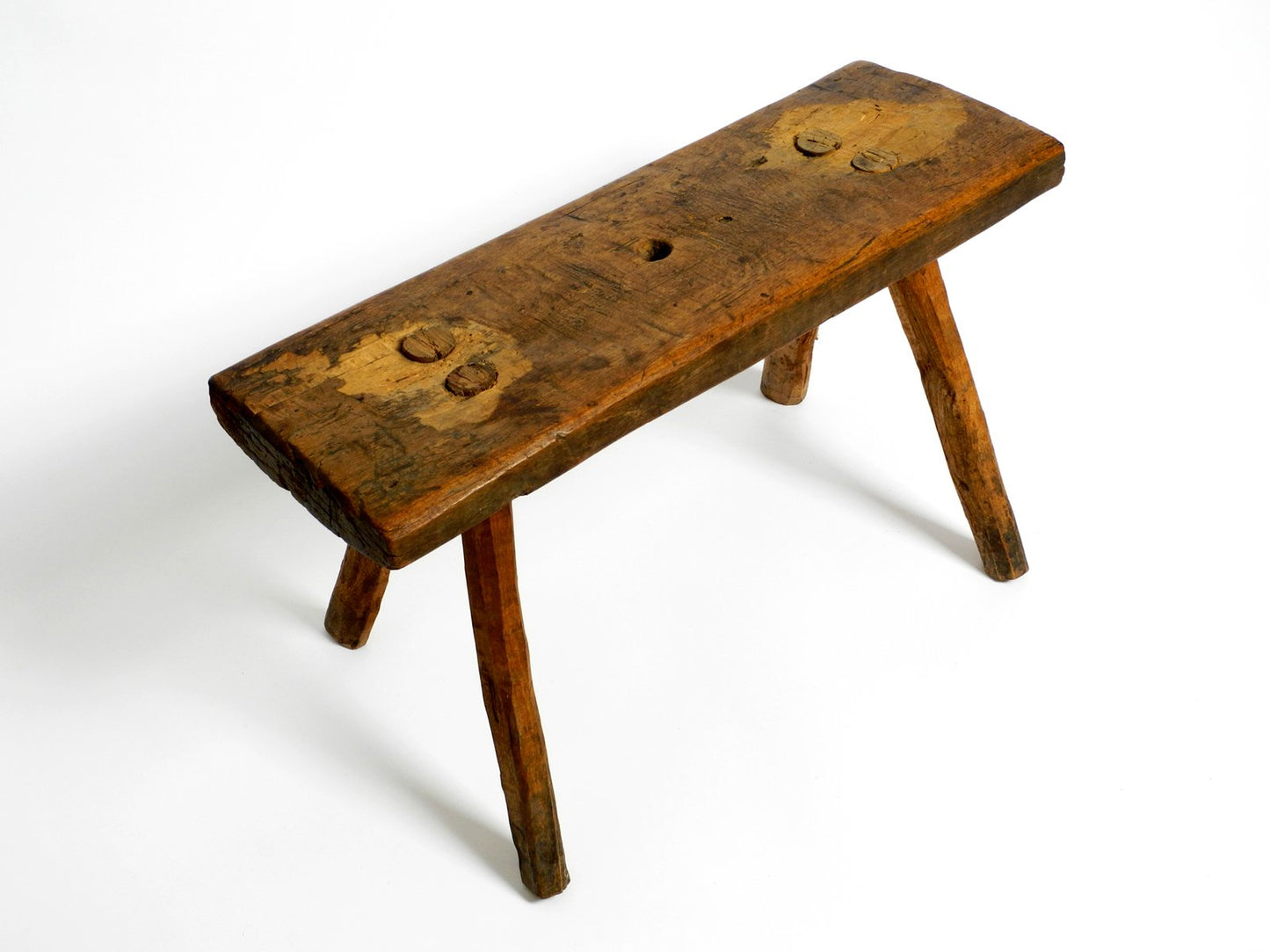 Mid-Century Oblong Four-Legged Solid Oak Stool With Patina, 1940s