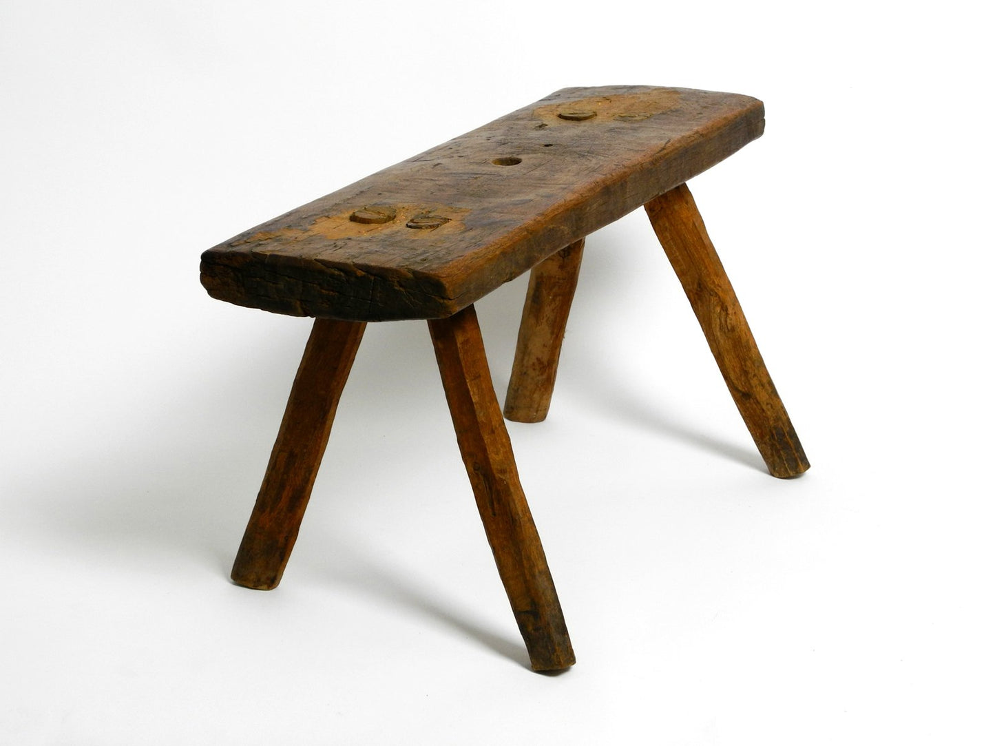 Mid-Century Oblong Four-Legged Solid Oak Stool With Patina, 1940s