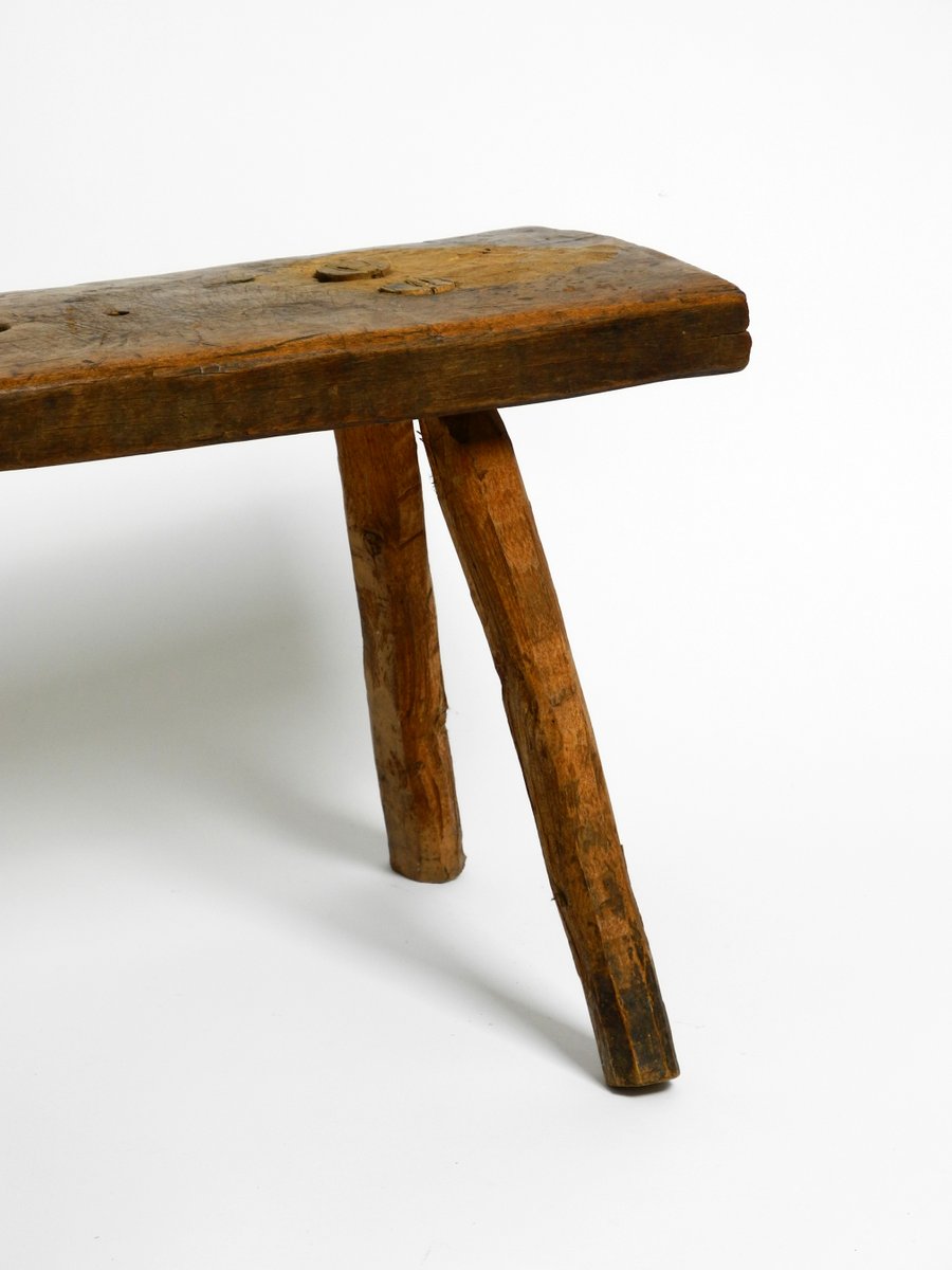 Mid-Century Oblong Four-Legged Solid Oak Stool With Patina, 1940s