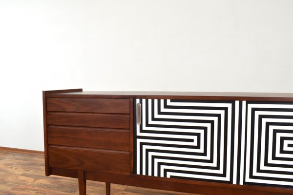 Mid-Century Op-Art Hand-Painted Walnut Sideboard from Bytomskie Fabryki Mebli, 1960s-LOT-2023792