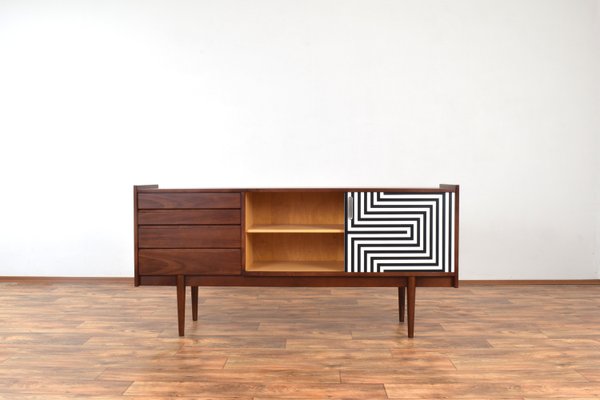 Mid-Century Op-Art Hand-Painted Walnut Sideboard from Bytomskie Fabryki Mebli, 1960s-LOT-2023792