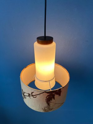 Mid-Century Opaline Glass Pendant Lamp with Beige Fabric Jungle Shade-ZBK-2022375