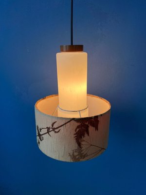 Mid-Century Opaline Glass Pendant Lamp with Beige Fabric Jungle Shade-ZBK-2022375