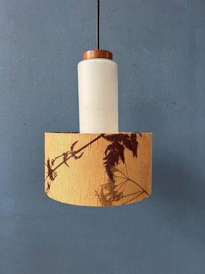 Mid-Century Opaline Glass Pendant Lamp with Beige Fabric Jungle Shade-ZBK-2022375