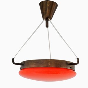 Mid-Century Orange Glass & Brass Ceiling Lamp-NV-863276