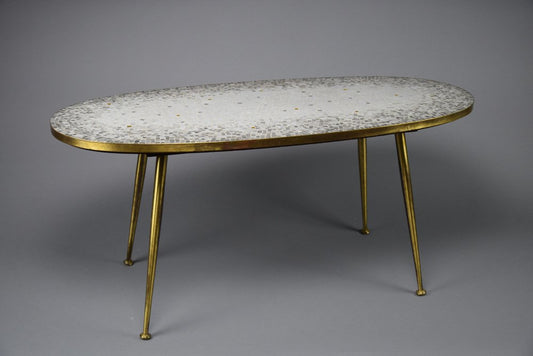 Mid-Century Oval Coffee Table in Brass with Grey Glass Mosaic and Gold Highlights by Berthold Müller, 1960