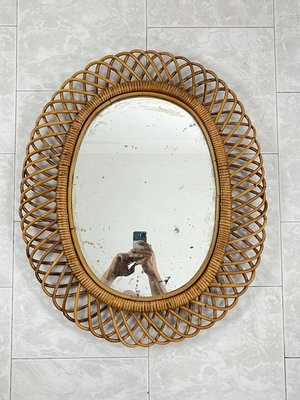 Mid-Century Oval Mirror in Rattan and Bamboo in the Style of Franco Albini, 1960s-YST-2034009