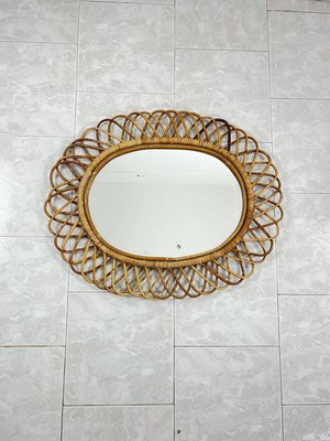 Mid-Century Oval Mirror in Rattan and Bamboo in the style of Franco Albini, 1960s-YST-2033794