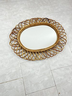 Mid-Century Oval Mirror in Rattan and Bamboo in the style of Franco Albini, 1960s-YST-2033794