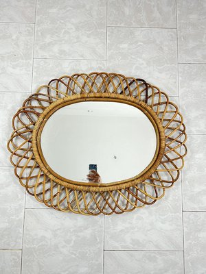 Mid-Century Oval Mirror in Rattan and Bamboo in the style of Franco Albini, 1960s-YST-2033794