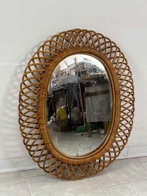 Mid-Century Oval Mirror in Rattan and Bamboo in the Style of Franco Albini, 1960s-YST-2034009