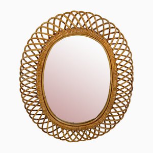 Mid-Century Oval Mirror in Rattan and Bamboo in the Style of Franco Albini, 1960s-YST-2034009