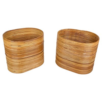 Mid-Century Oval Rattan and Bamboo Basket Plant Holders or Vases, Italy, 1960s, Set of 2-LYQ-1288547