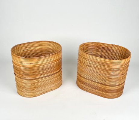 Mid-Century Oval Rattan and Bamboo Basket Plant Holders or Vases, Italy, 1960s, Set of 2-LYQ-1288547