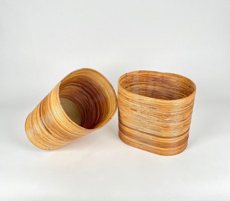 Mid-Century Oval Rattan and Bamboo Basket Plant Holders or Vases, Italy, 1960s, Set of 2-LYQ-1288547